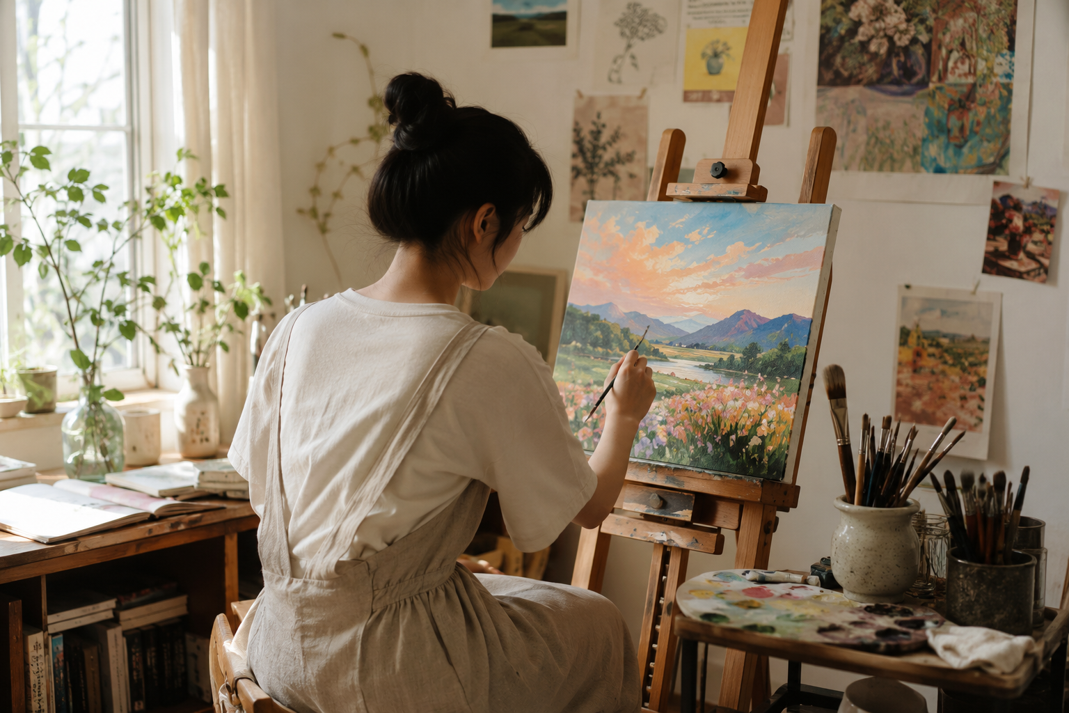 一位学生在明亮的画室里专心画画